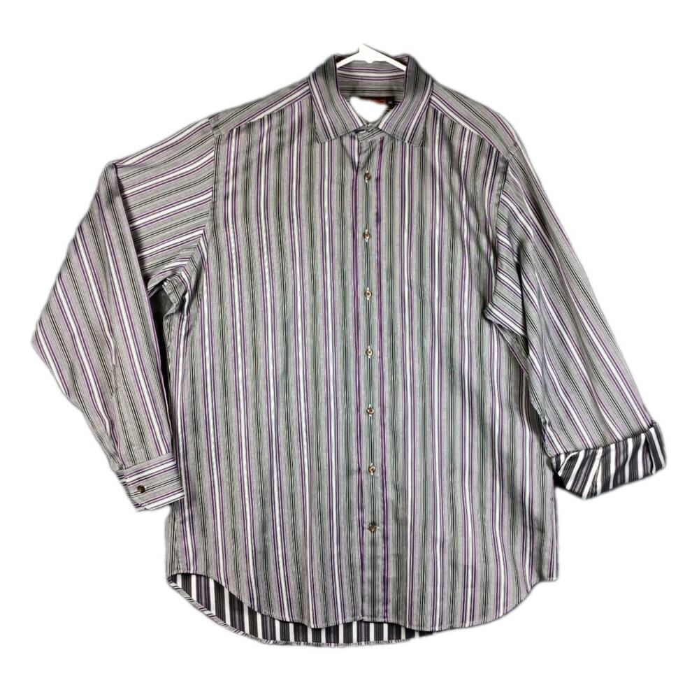 ETRO Milano Shirt Men Size 44 Gray‎ Stripe Flip Cuff